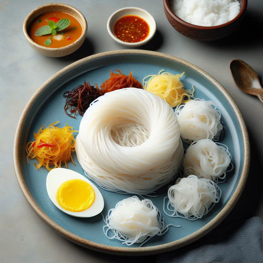 Steamed string hoppers arranged on a plate ready to serve