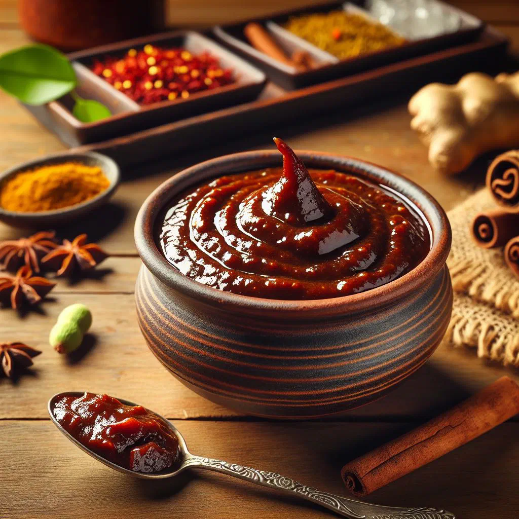 Bowl of dark, glossy Sri Lankan tamarind chutney garnished with coriander