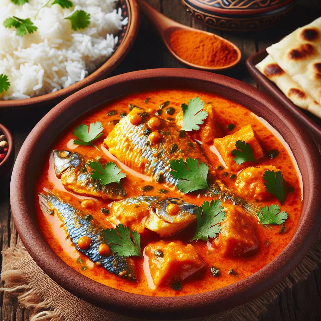 Sri Lankan tamarind fish curry in coconut sauce garnished with fresh coriander