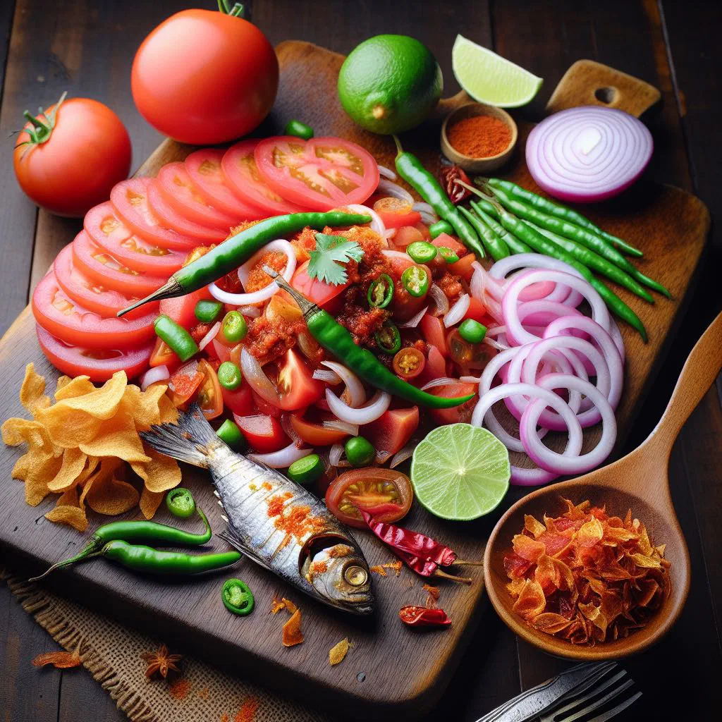 Fresh tomato sambol with chopped green chillies, coriander and lime