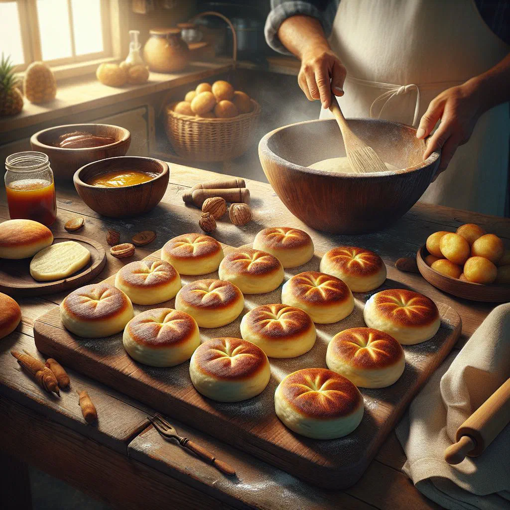Golden fried Caribbean bakes piled on a plate