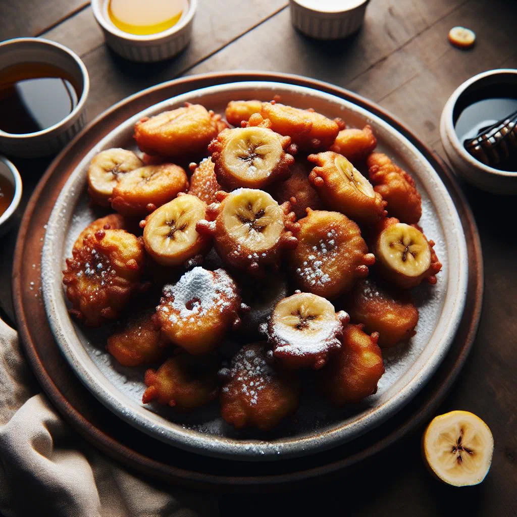 Golden banana fritters dusted with icing sugar on a plate