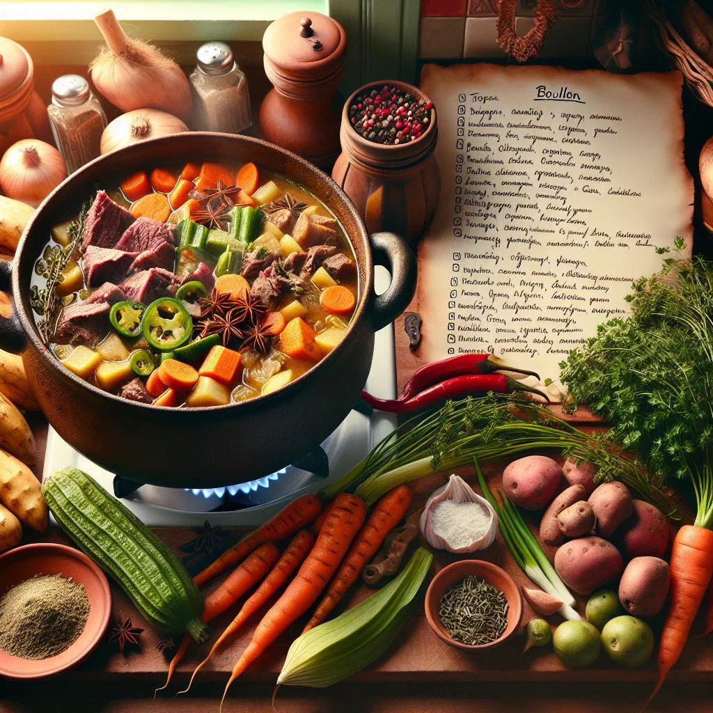Bowl of Caribbean bouillon soup with chicken, carrots and fresh herbs