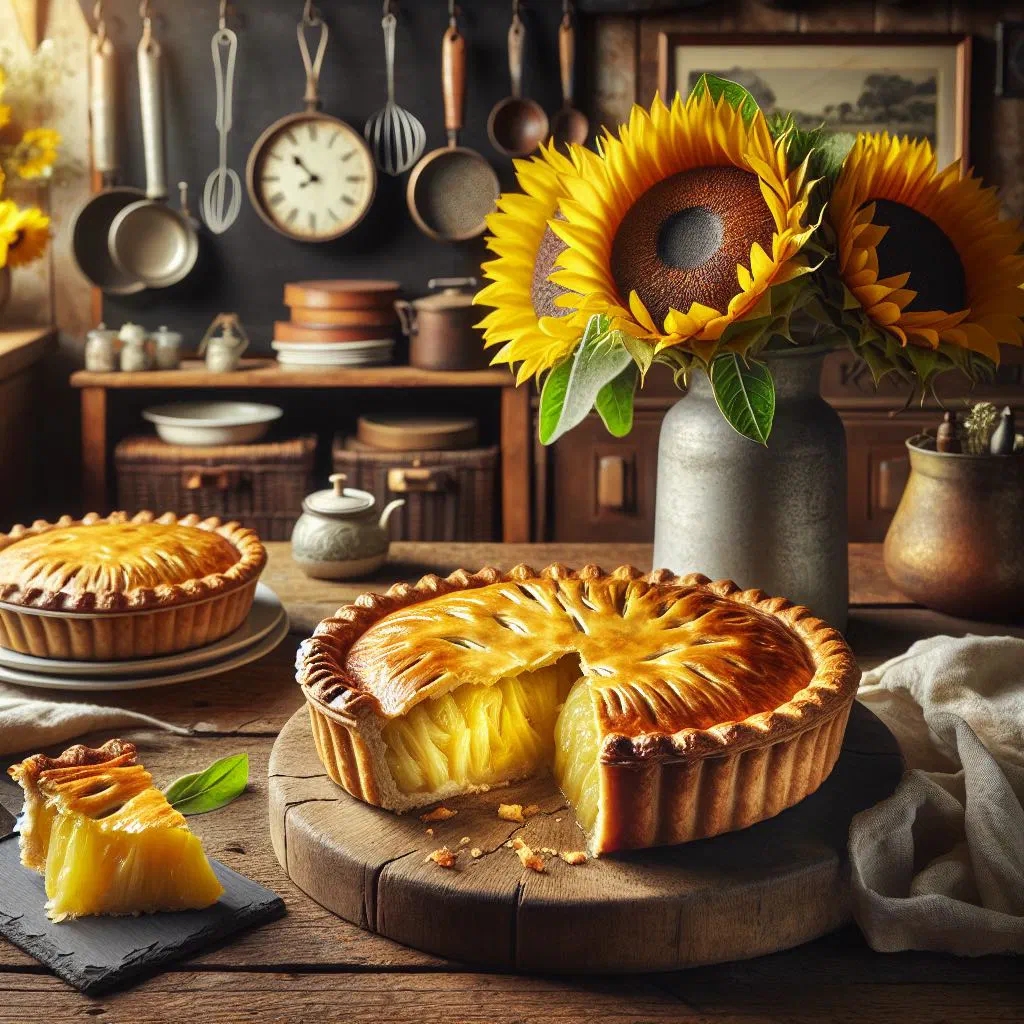 Golden baked breadfruit pie with a crisp crust, sliced on a plate
