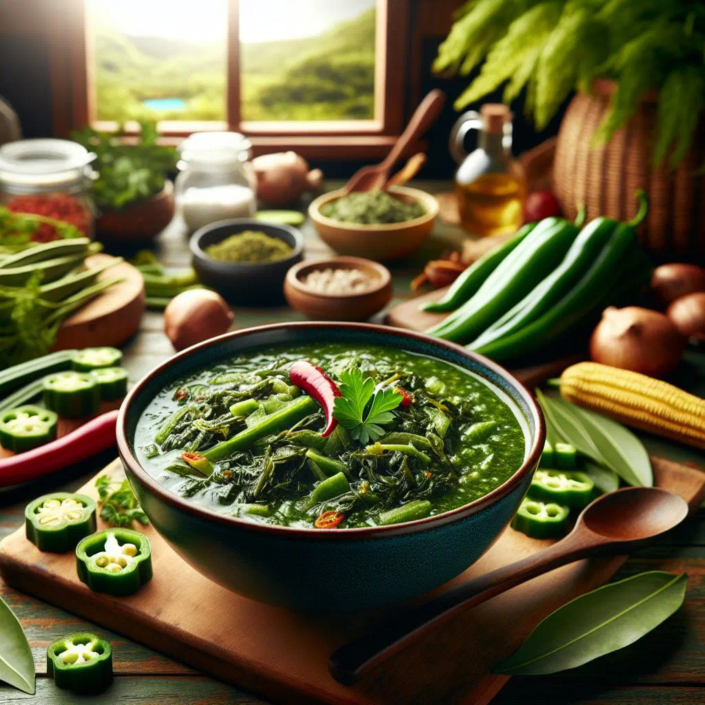Creamy green callaloo soup in a bowl with fresh herbs and lime