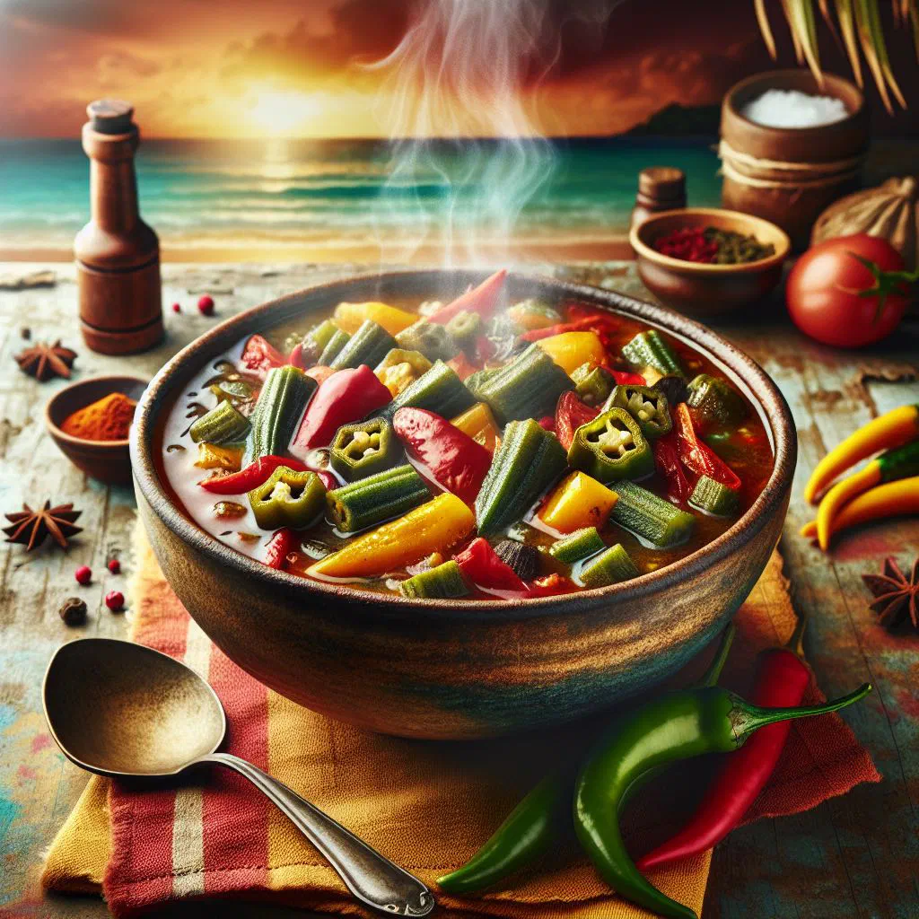 Caribbean pepper pot stew in a bowl with fresh herbs and coconut broth
