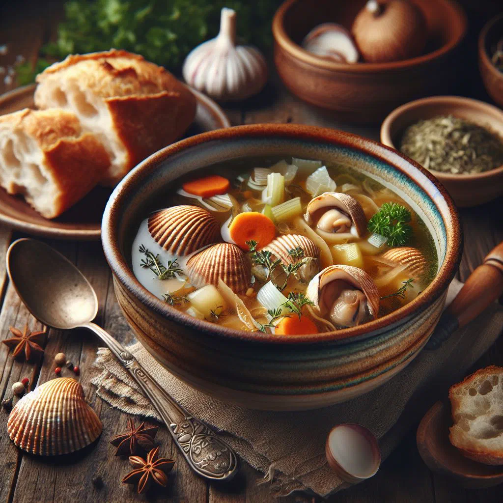 Bowl of Caribbean conch soup with vegetables and fresh coriander