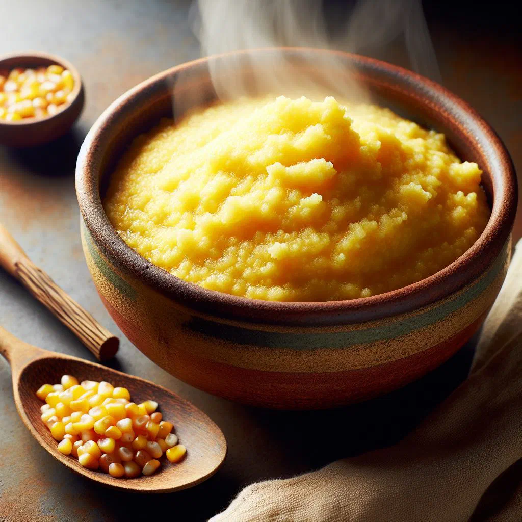 Creamy cornmeal cou-cou with sliced okra, garnished with fresh herbs
