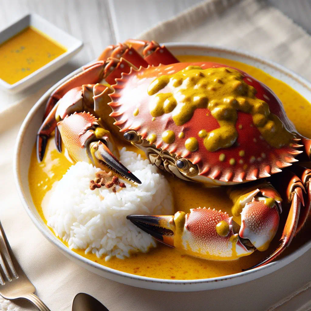 Curry crab in a creamy coconut sauce, garnished with fresh coriander