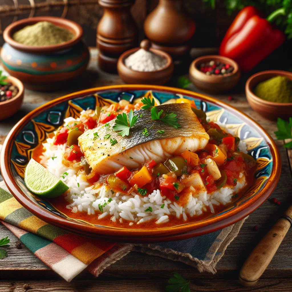 Fish creole in a spiced tomato sauce with peppers and onions