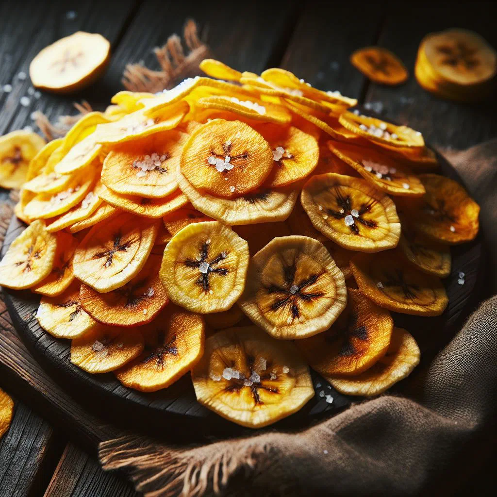 Golden fried plantain chips piled in a bowl with a sprinkle of salt