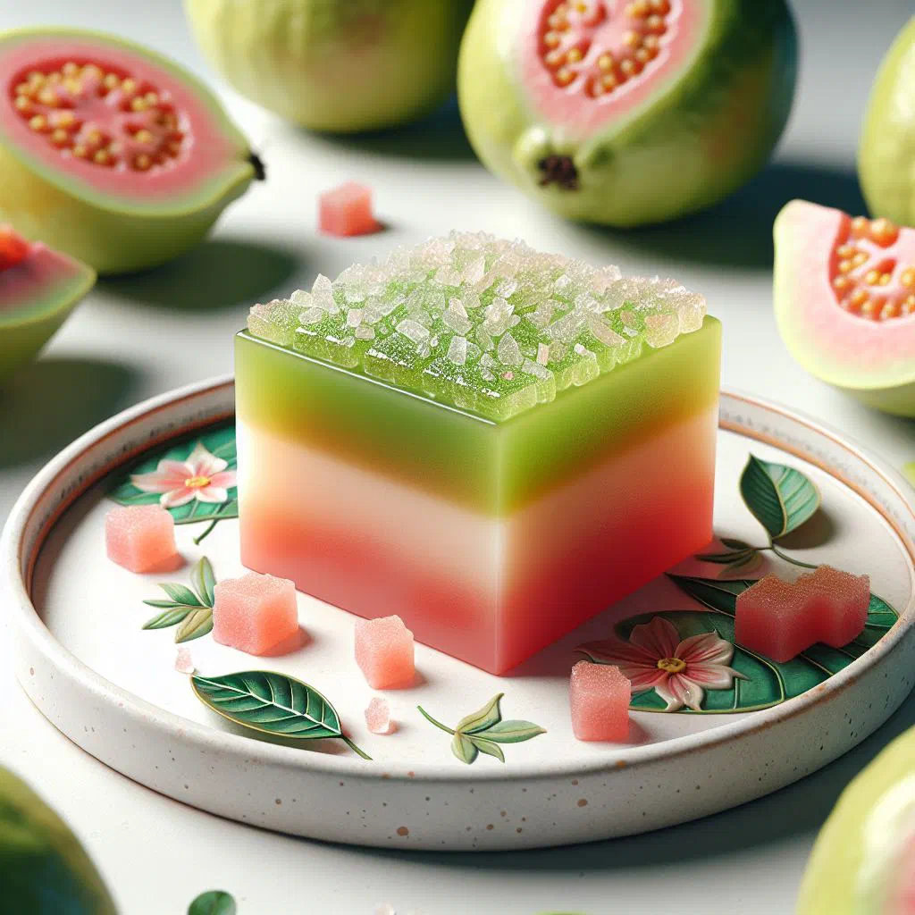 Squares of deep pink guava cheese dusted with sugar on a plate