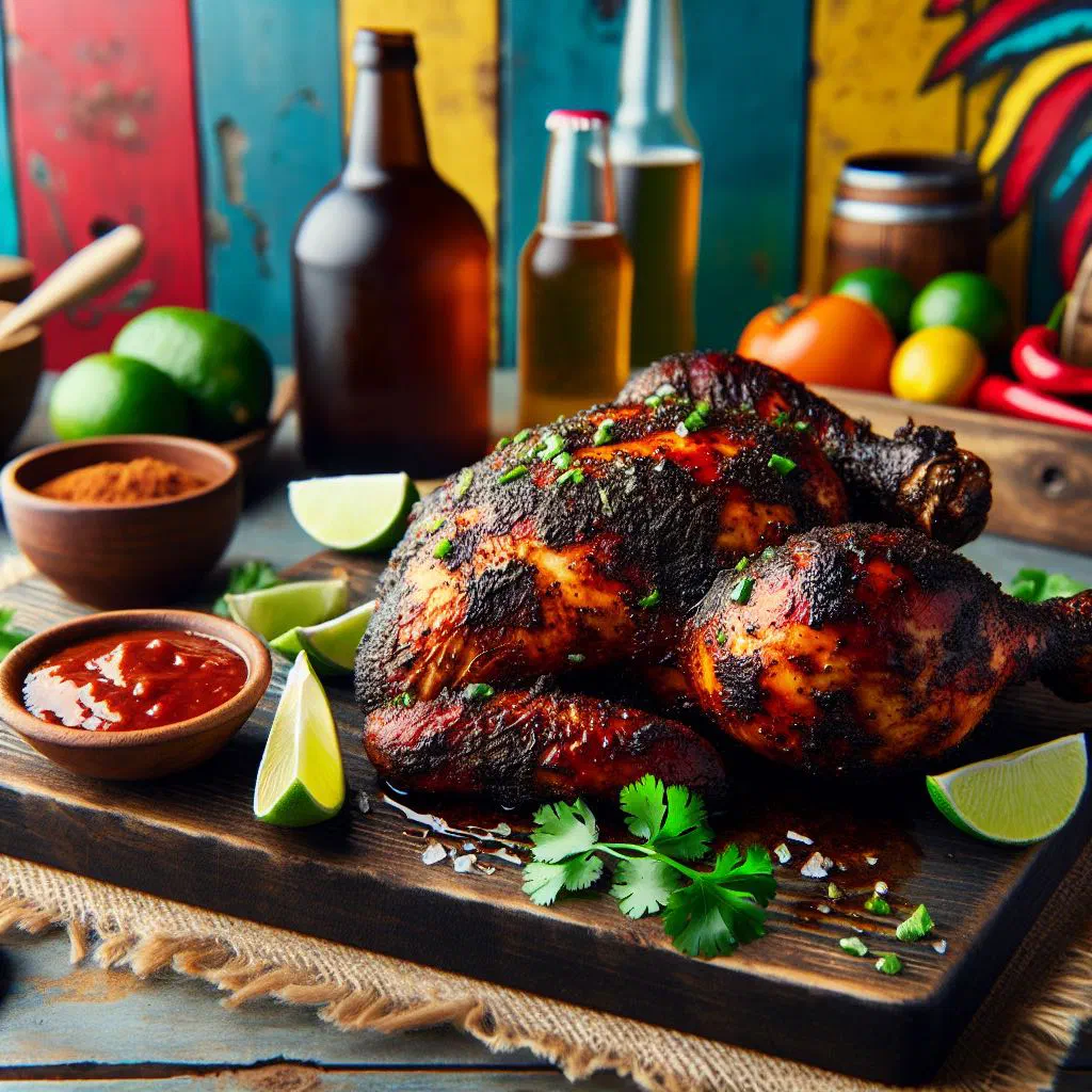Grilled jerk chicken pieces with lime wedges and fresh herbs