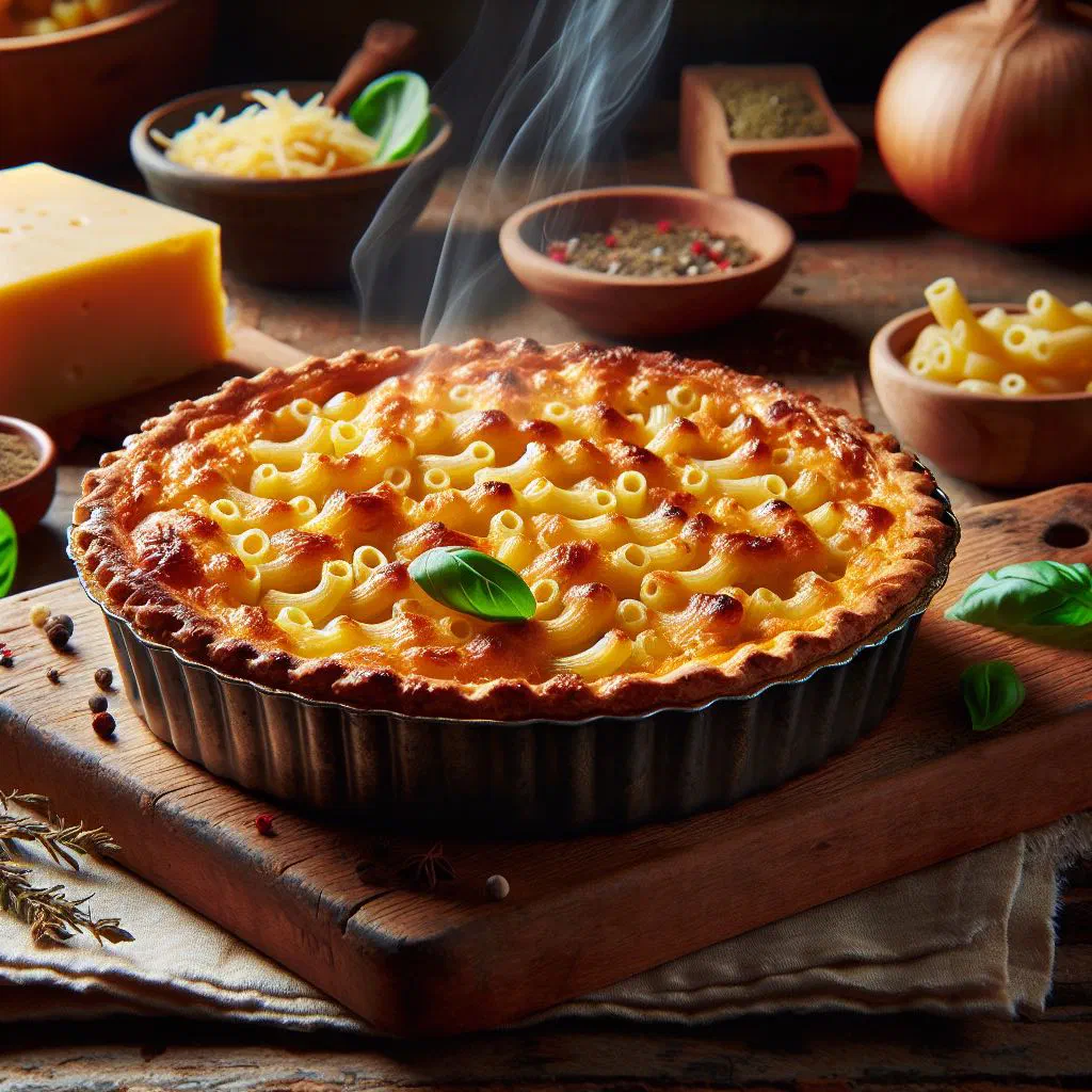 Golden baked macaroni pie with a crisp cheese crust in a dish