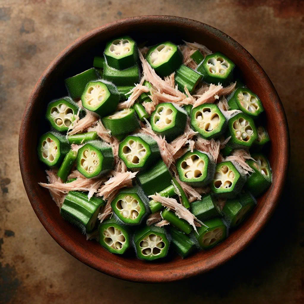 Okra and saltfish with tomato, onion and chilli in a pan