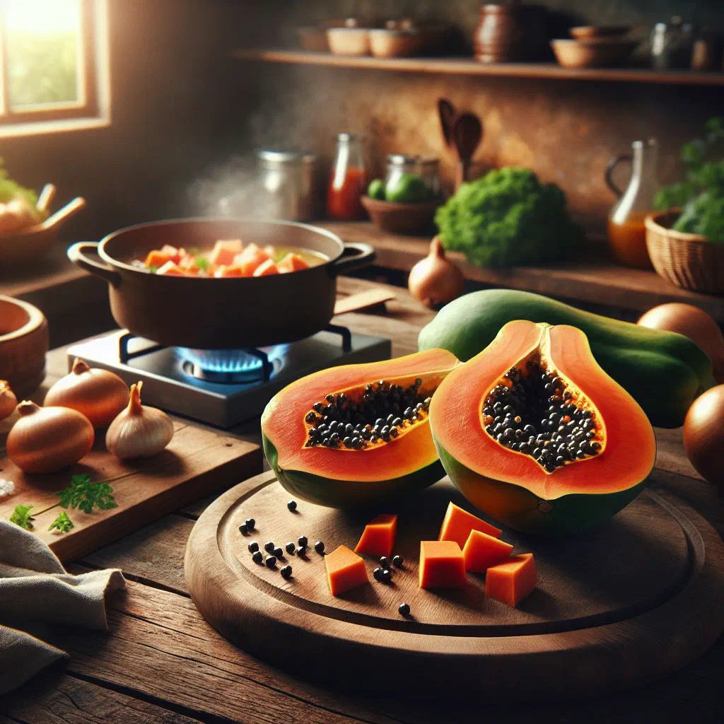Caribbean papaya stew in a bowl, garnished with fresh herbs