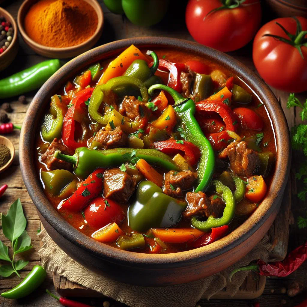 Caribbean pepper pot stew with tender meat and peppers in a rustic bowl