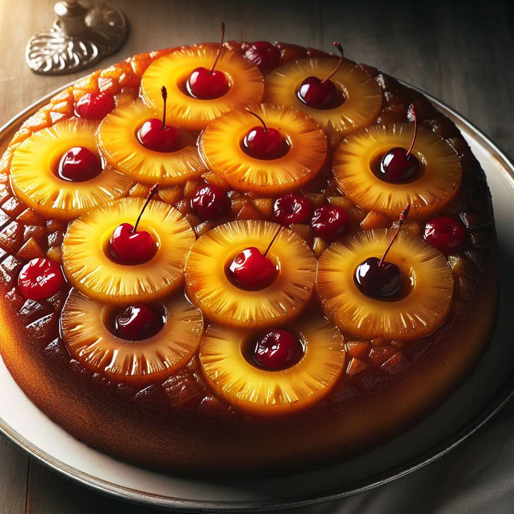Golden pineapple upside-down cake topped with caramelised pineapple rings