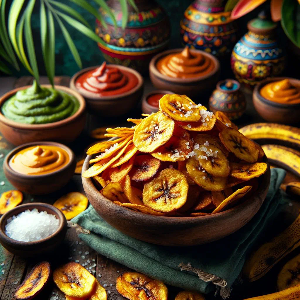 Golden, crisp plantain chips piled in a bowl with lime wedges