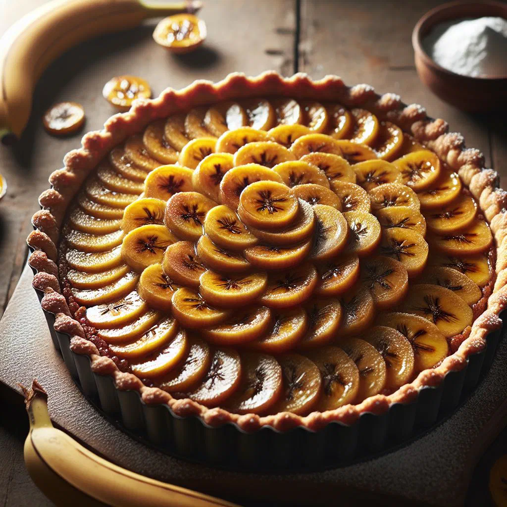 Golden baked plantain tart dusted with icing sugar, cut into slices