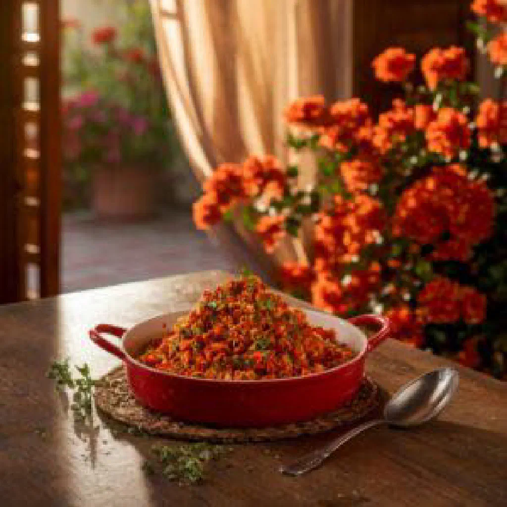 Red grout dessert served in a small bowl with coconut and cinnamon