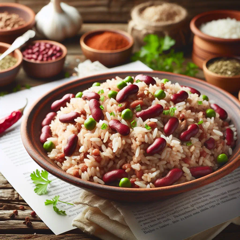 Bowl of Caribbean rice and peas with red beans and spring onion garnish