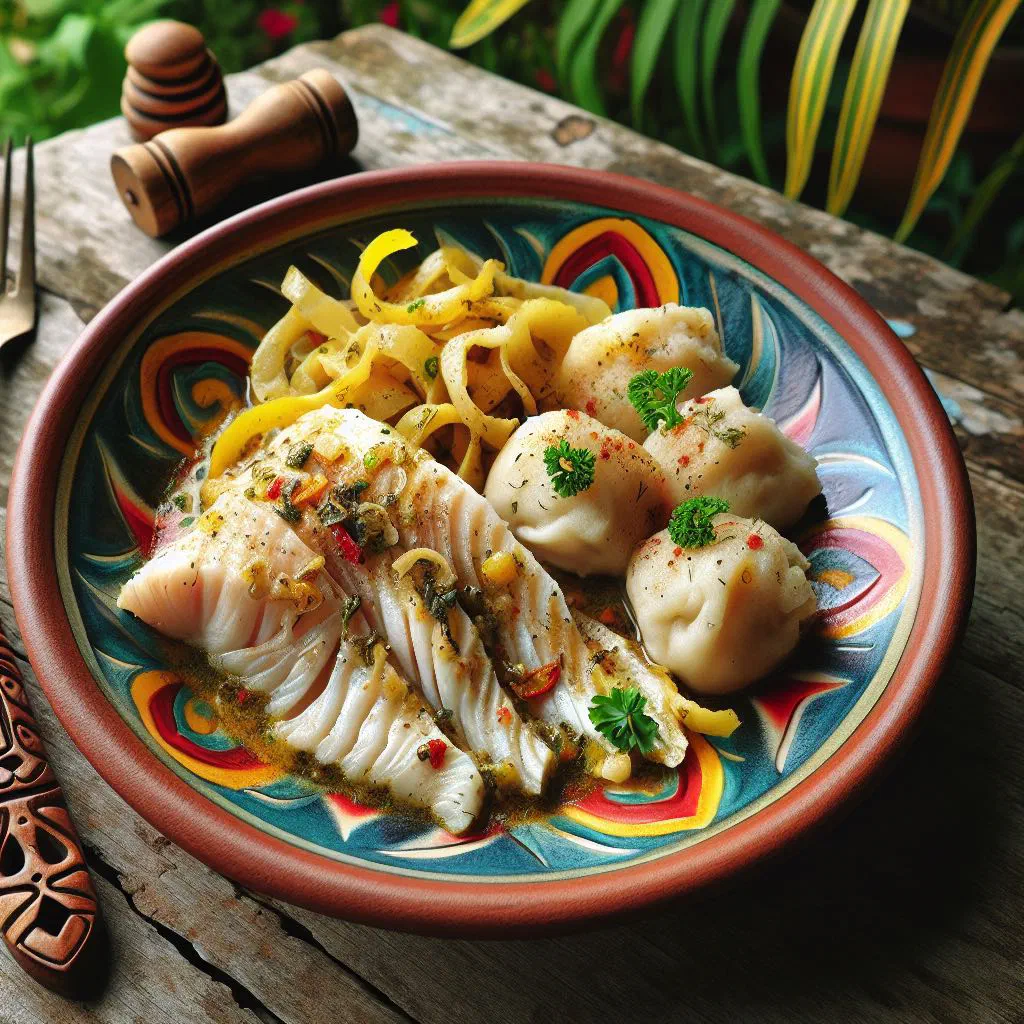 Flaked saltfish with sautéed peppers and onions served over golden fried dumplings