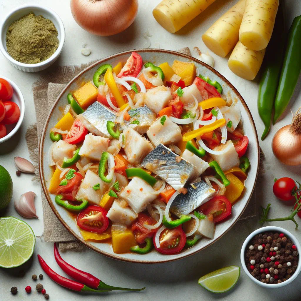 Saltfish buljol with flaked salt cod, tomatoes, peppers and coriander in a bowl