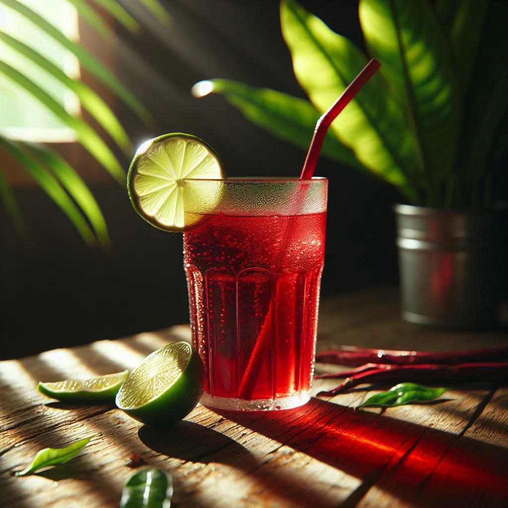 Ruby-red sorrel drink served over ice with a slice of lime