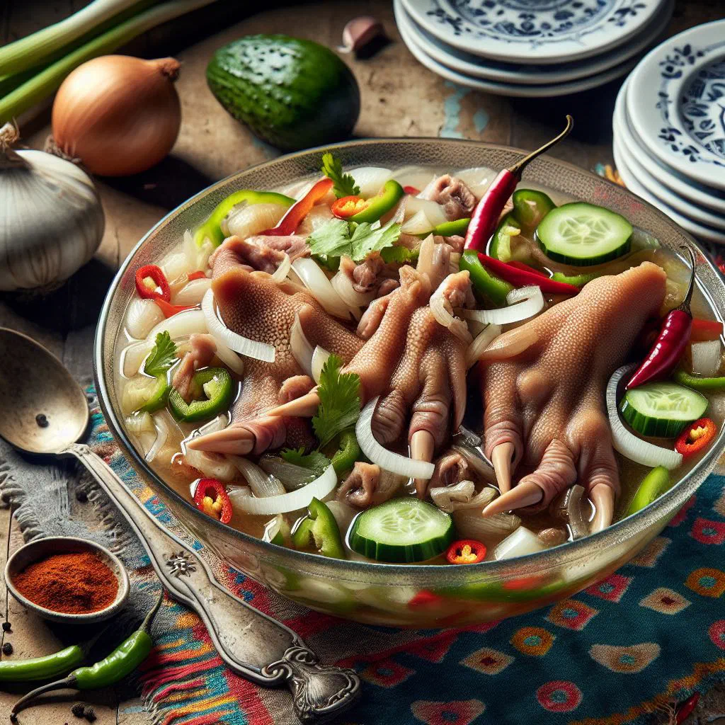 Bowl of Caribbean souse with pickled pork, onions, cucumber and lime