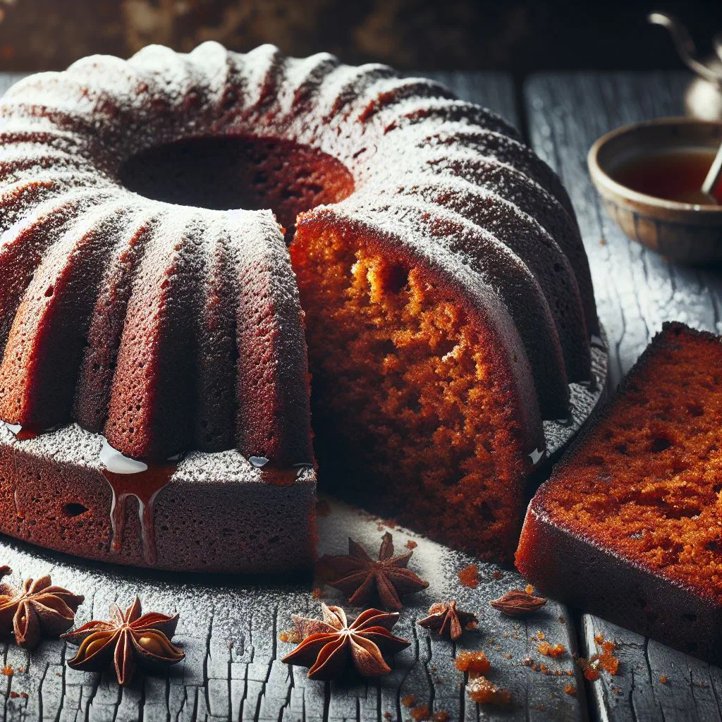 Sliced spiced rum cake studded with dried fruit on a cake stand