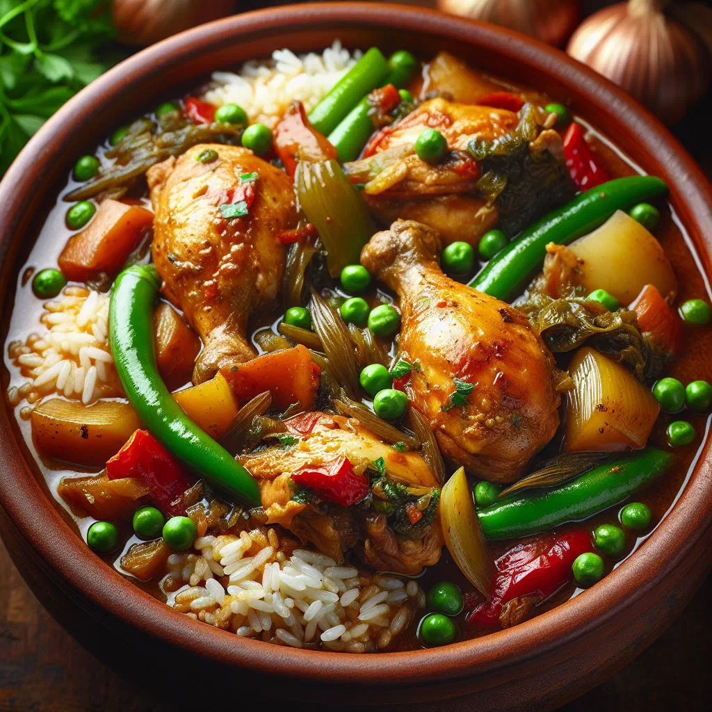 Caribbean stewed chicken in a rich brown gravy with peppers and carrots