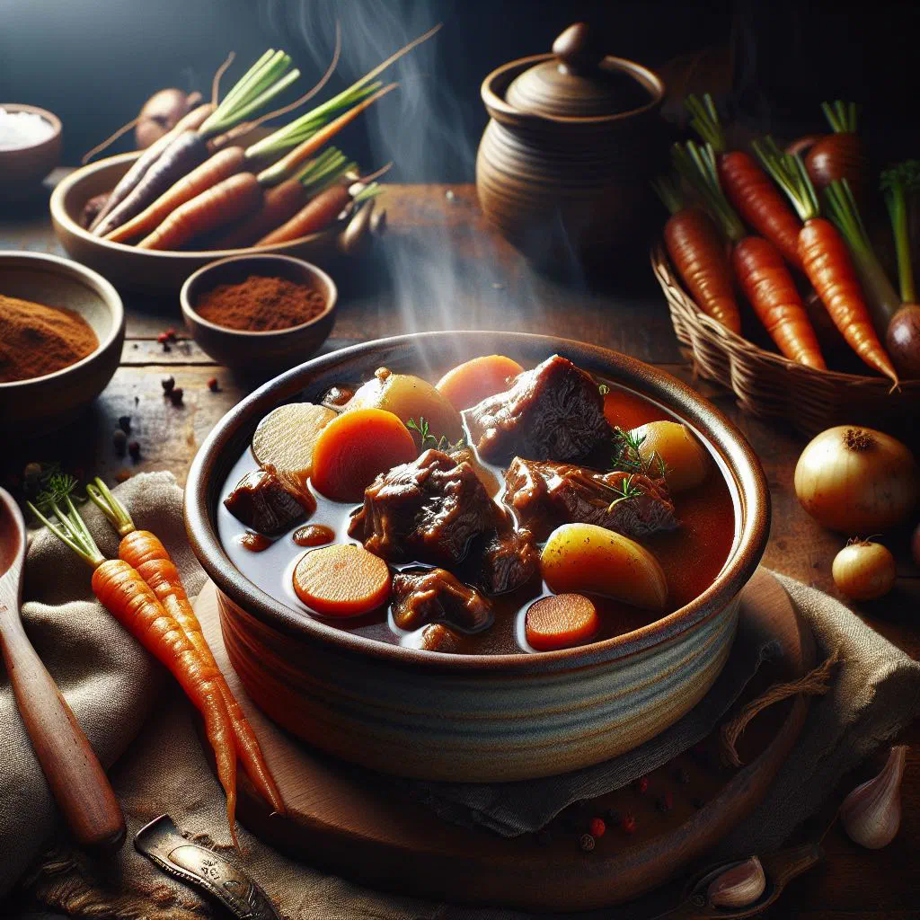 Stewed oxtail in a rich coconut sauce with carrots and peppers