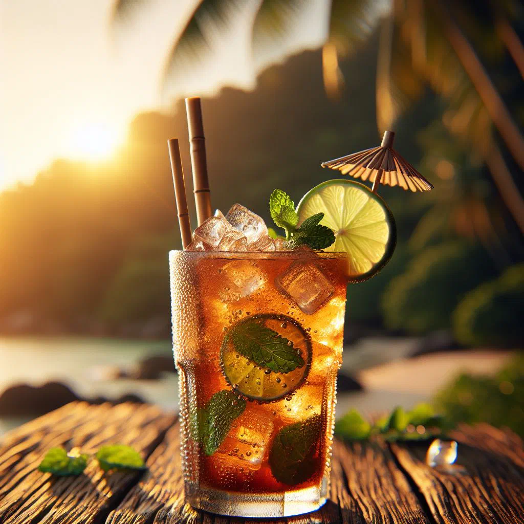 Chilled tamarind punch in a tall glass with lime and fresh mint