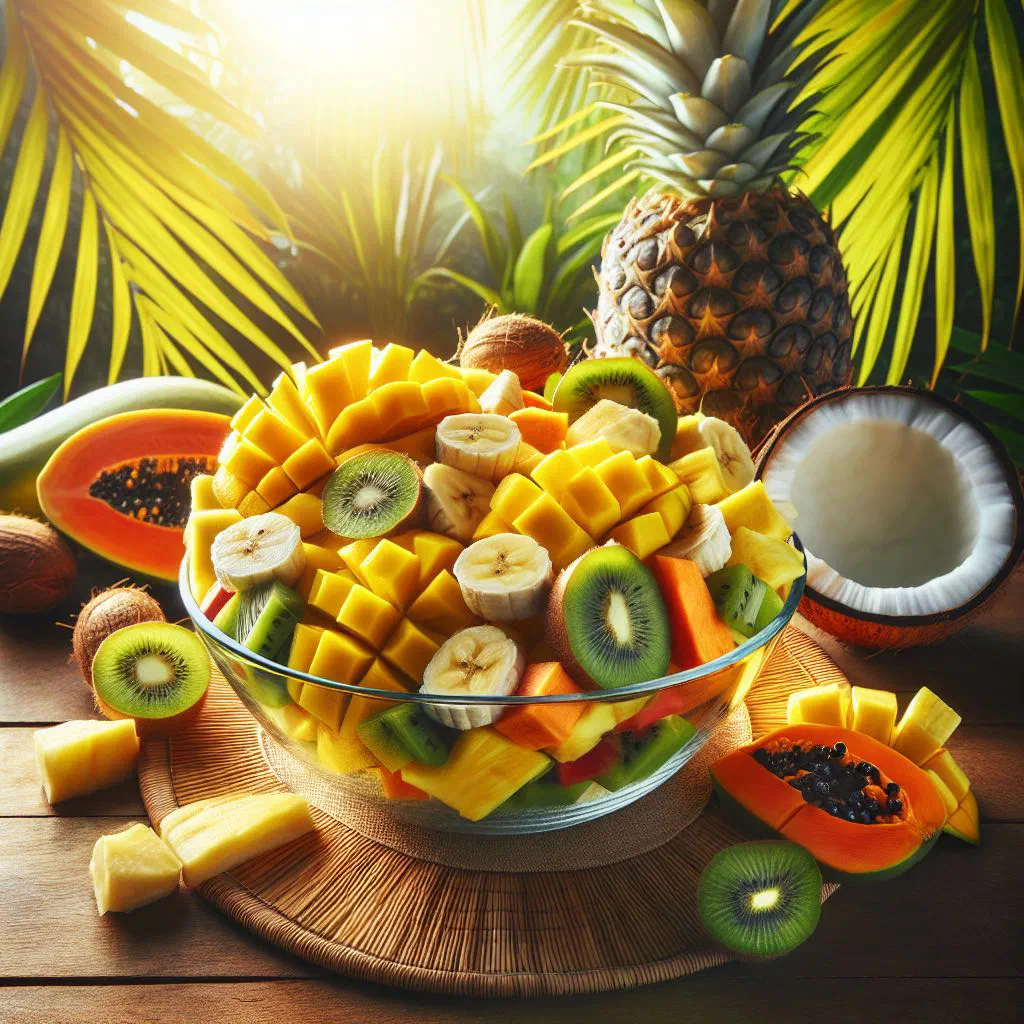 Colourful tropical fruit salad with mango, pineapple, papaya and fresh mint