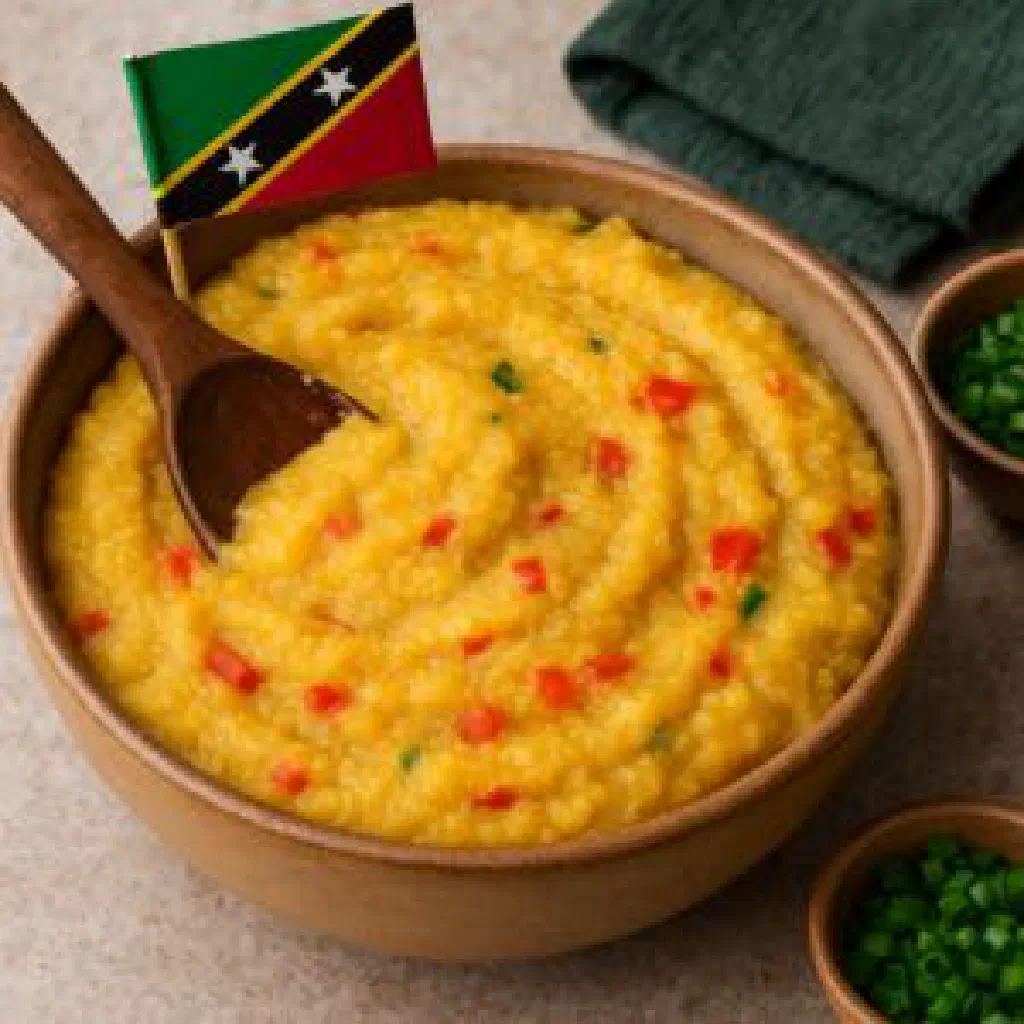 Turn cornmeal turned out onto a plate with peppers and fresh herbs