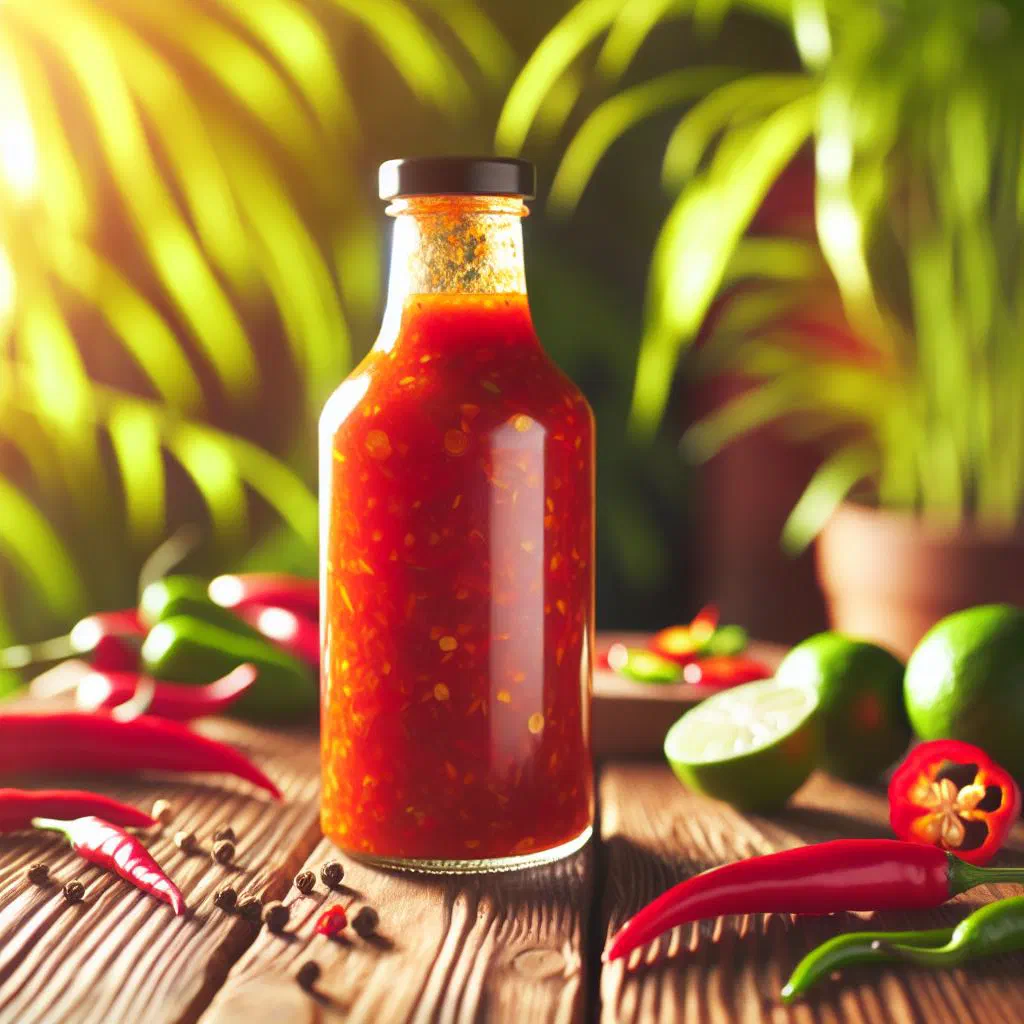 A bottle of fiery orange West Indian pepper sauce with fresh chillies alongside