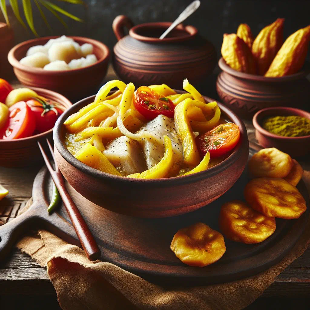 Ackee and saltfish with peppers, onions and spring onions in a pan