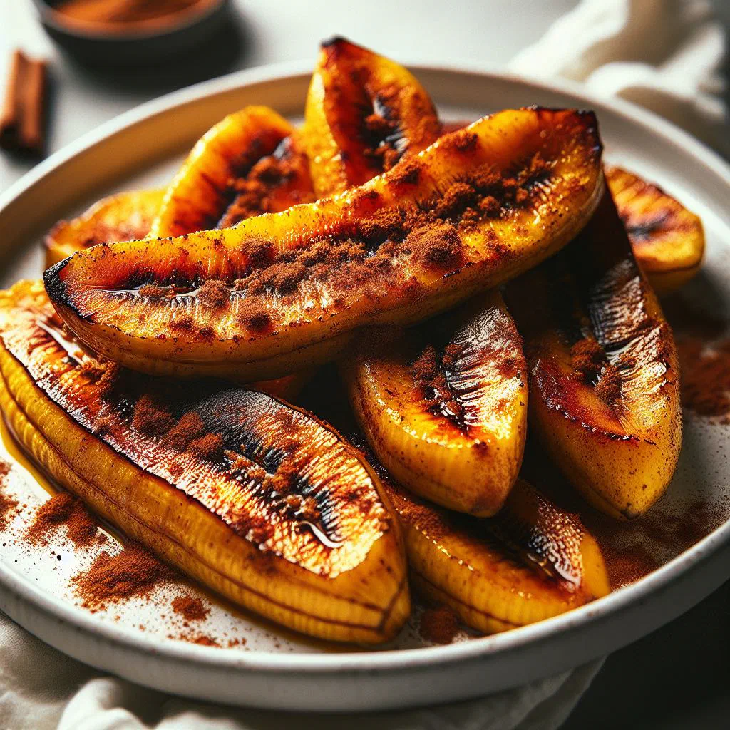 Golden baked plantain slices dusted with cinnamon on a plate
