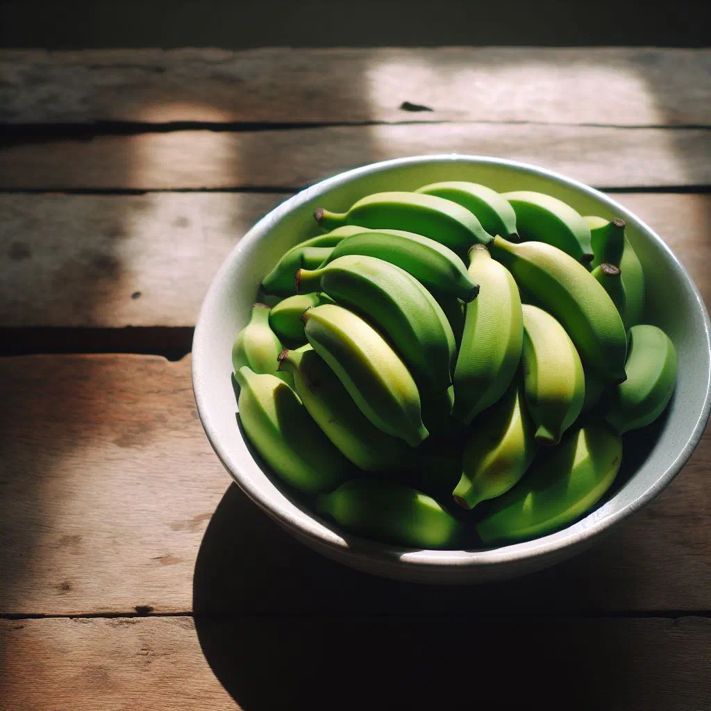 Boiled green bananas served in slices on a white plate