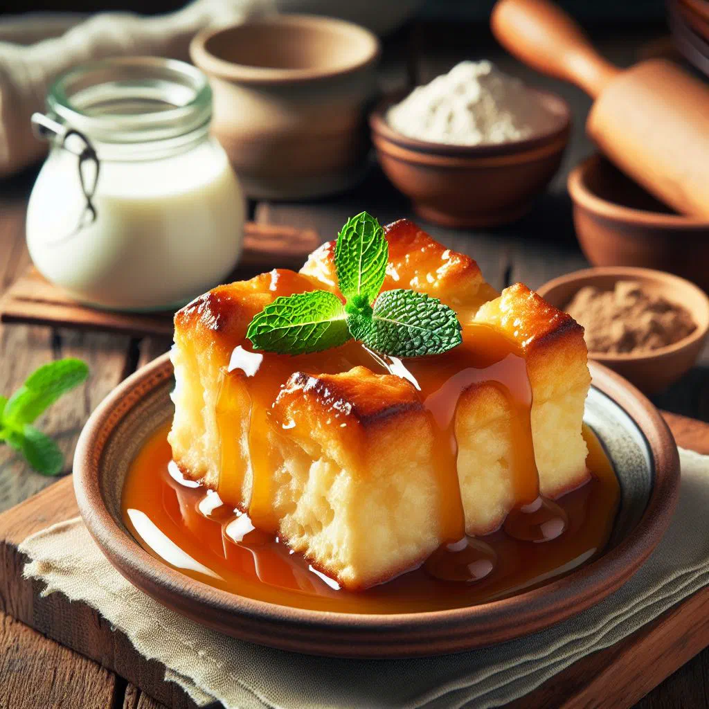 Golden baked bread pudding with cinnamon and dried fruit in a dish