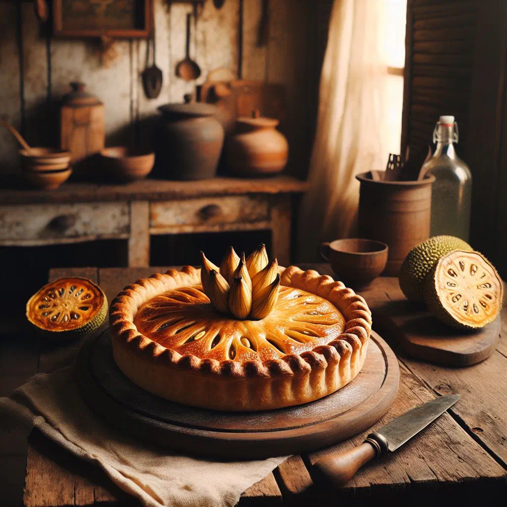 Golden baked breadfruit pie with a cheesy crust in a baking dish