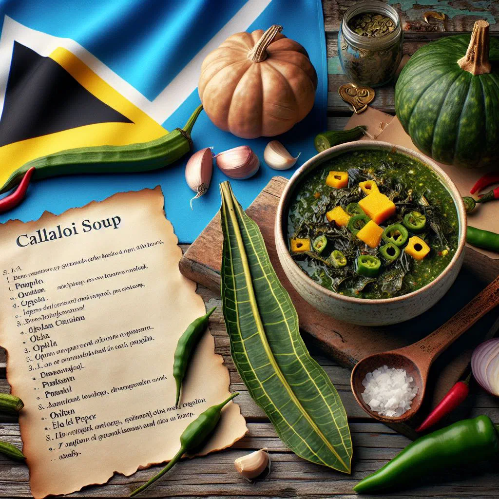 Creamy green callaloo soup in a bowl with a swirl of coconut milk