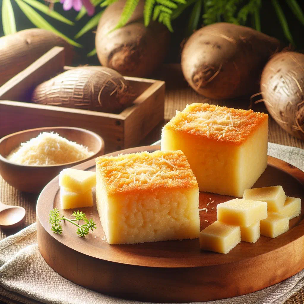 Golden baked cassava cakes with toasted coconut on a plate