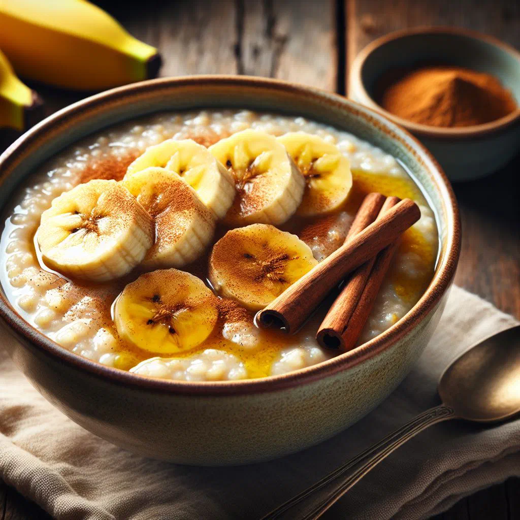 Creamy cinnamon banana porridge in a bowl topped with banana slices and nuts