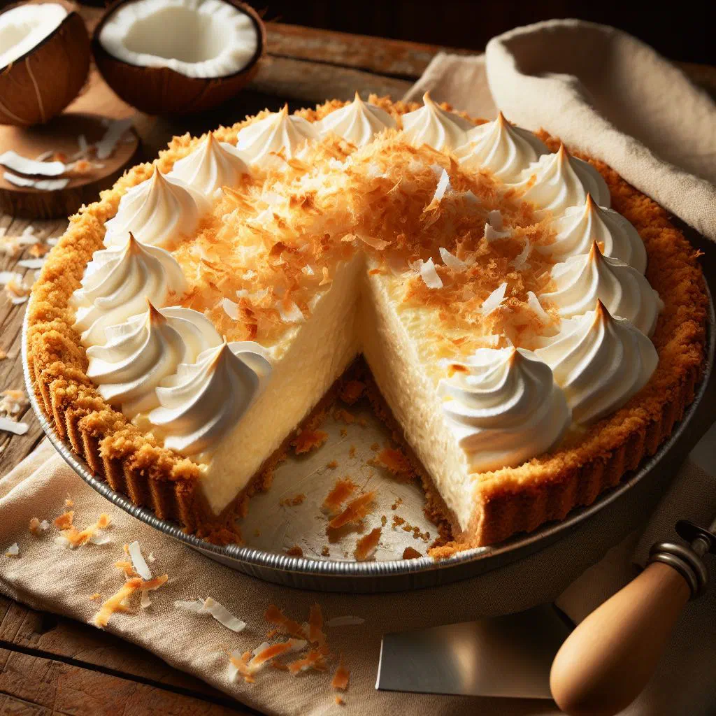 Slice of coconut cream pie topped with whipped cream and toasted coconut