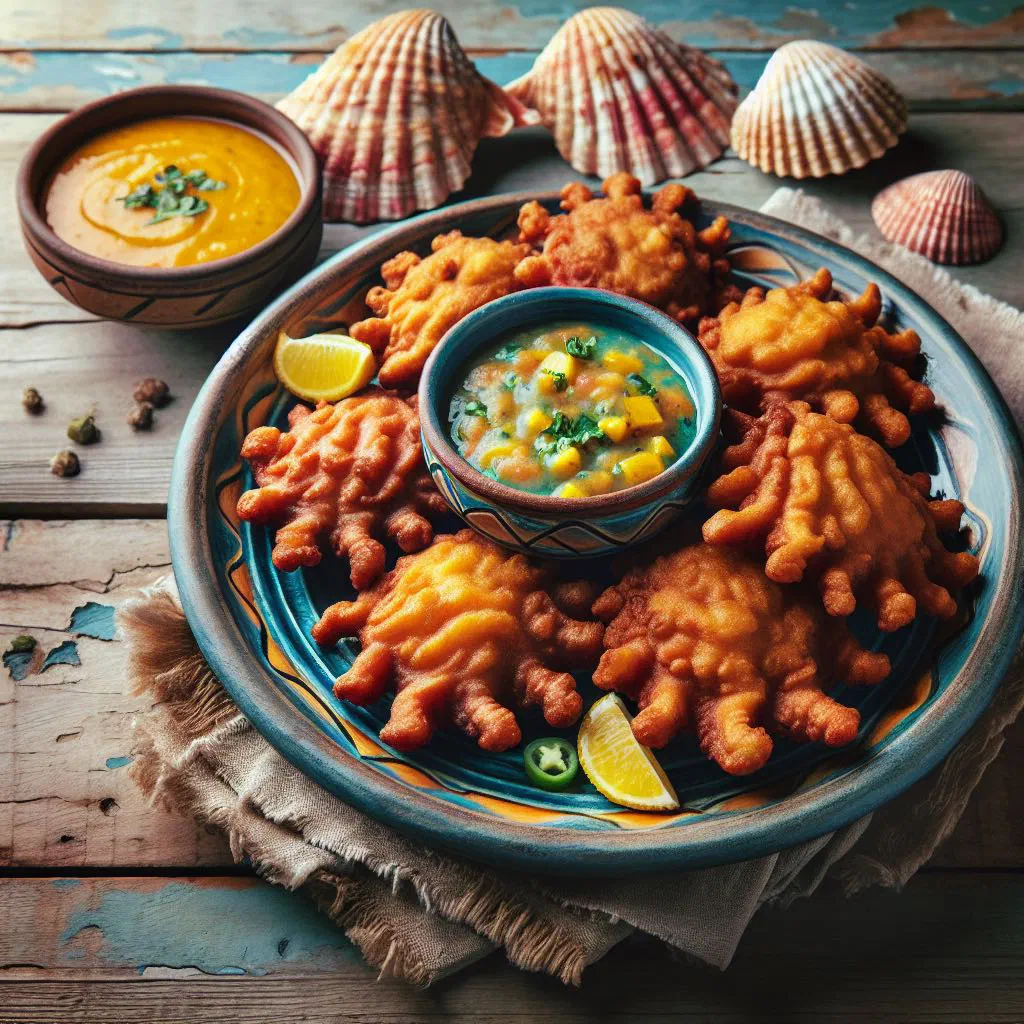 Golden conch fritters piled on a plate with a lime wedge and dipping sauce