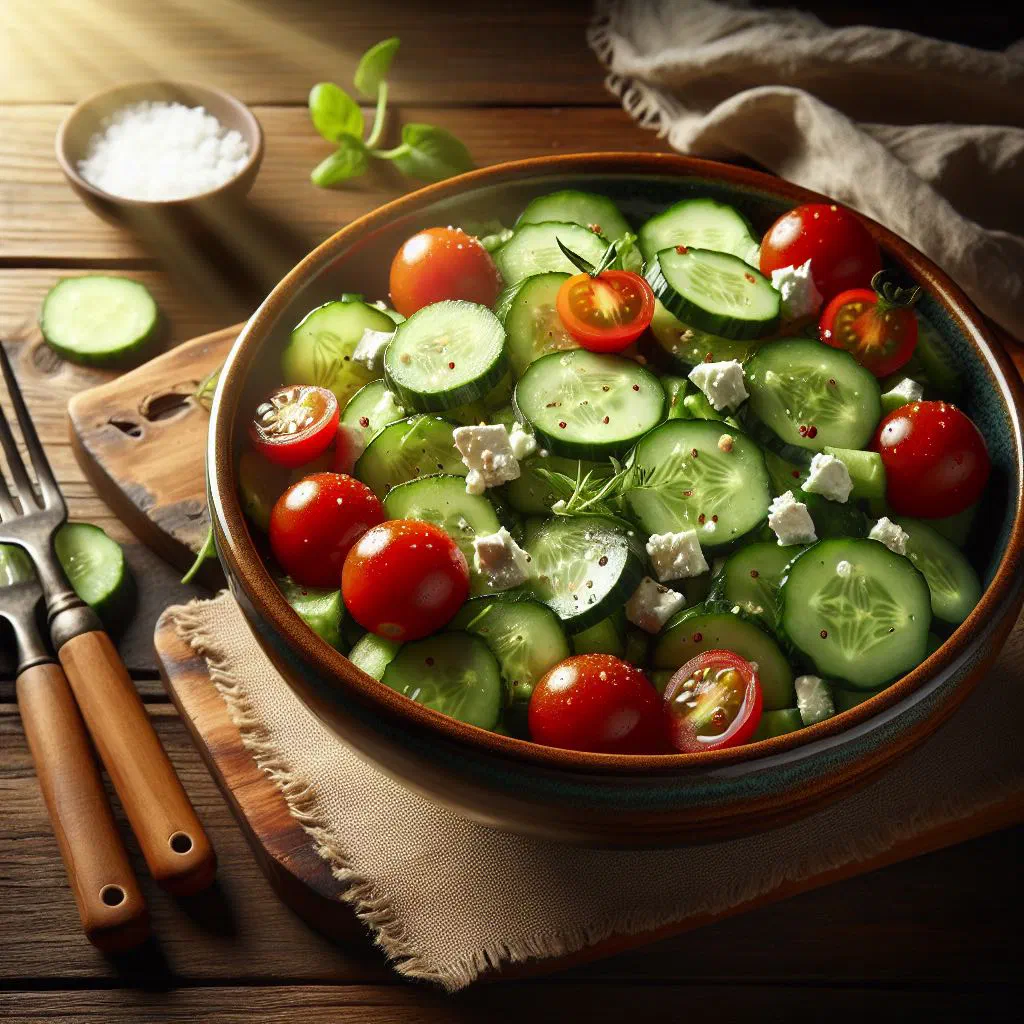 Bowl of sliced cucumber salad with onion rings and fresh herbs