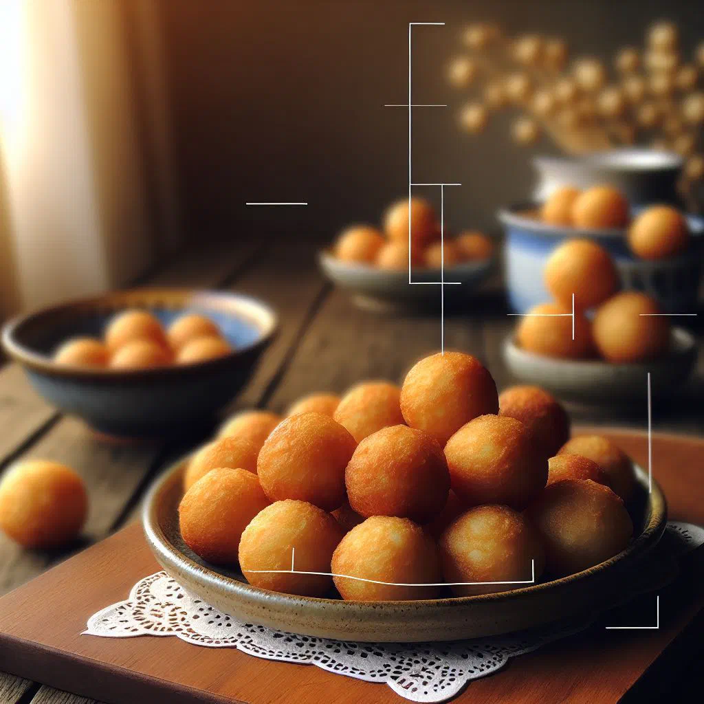 Golden fried dasheen balls on a plate with fresh herbs and dipping sauce