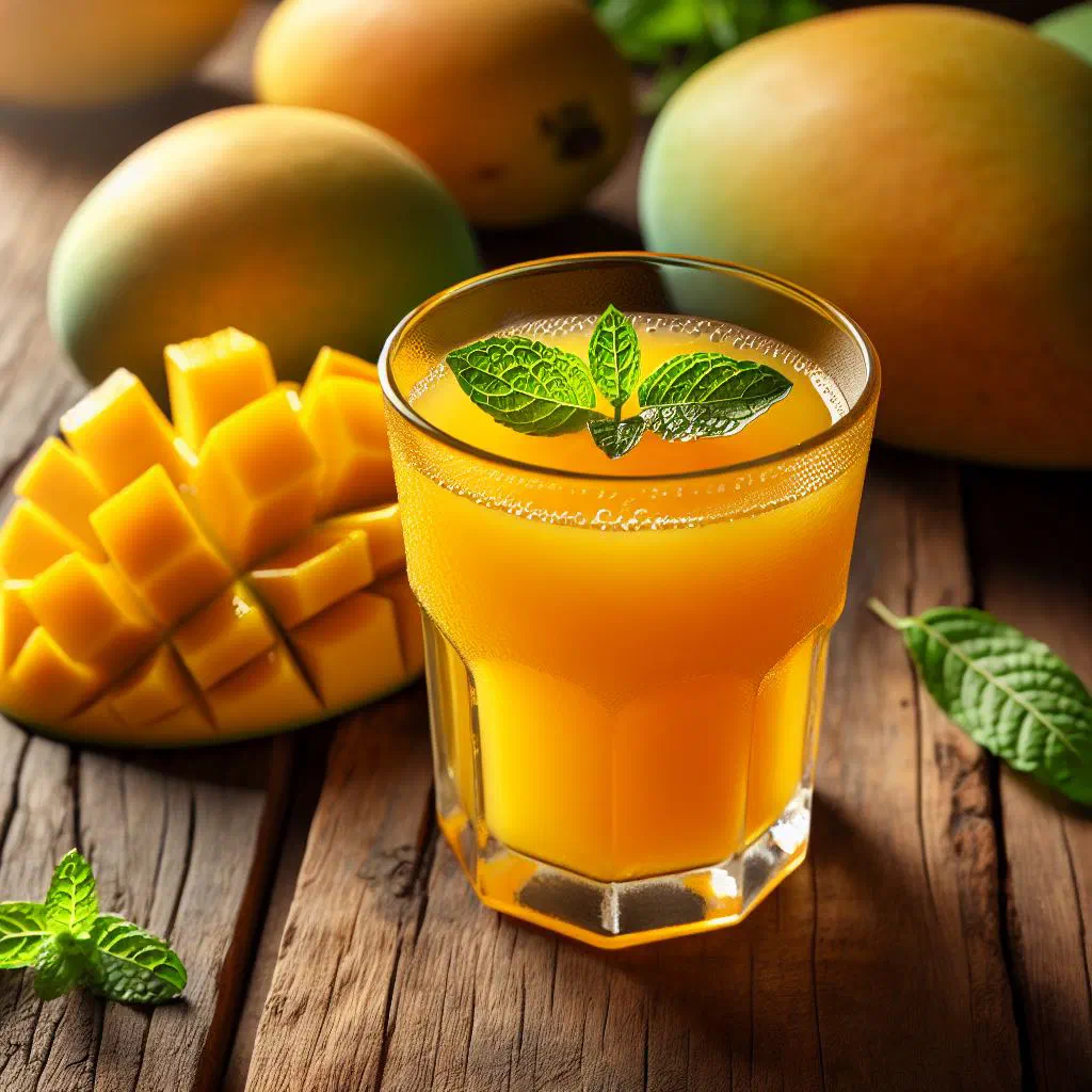 Glass of fresh mango juice with lime and mint on ice
